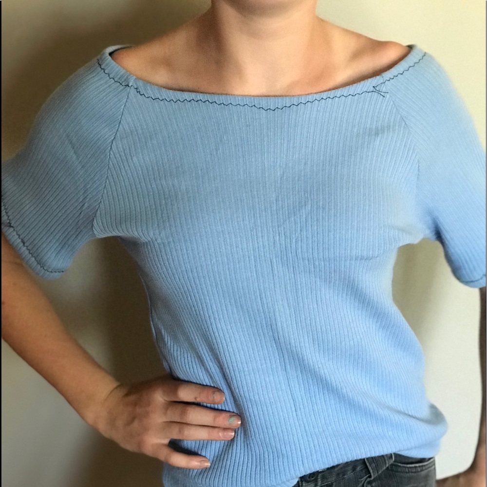 Blue refashioned ridge off the shoulder shirt